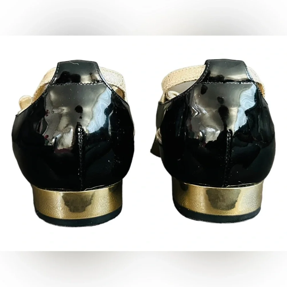 Chanel gold metallic flake leather sandals with black patten heels size 38